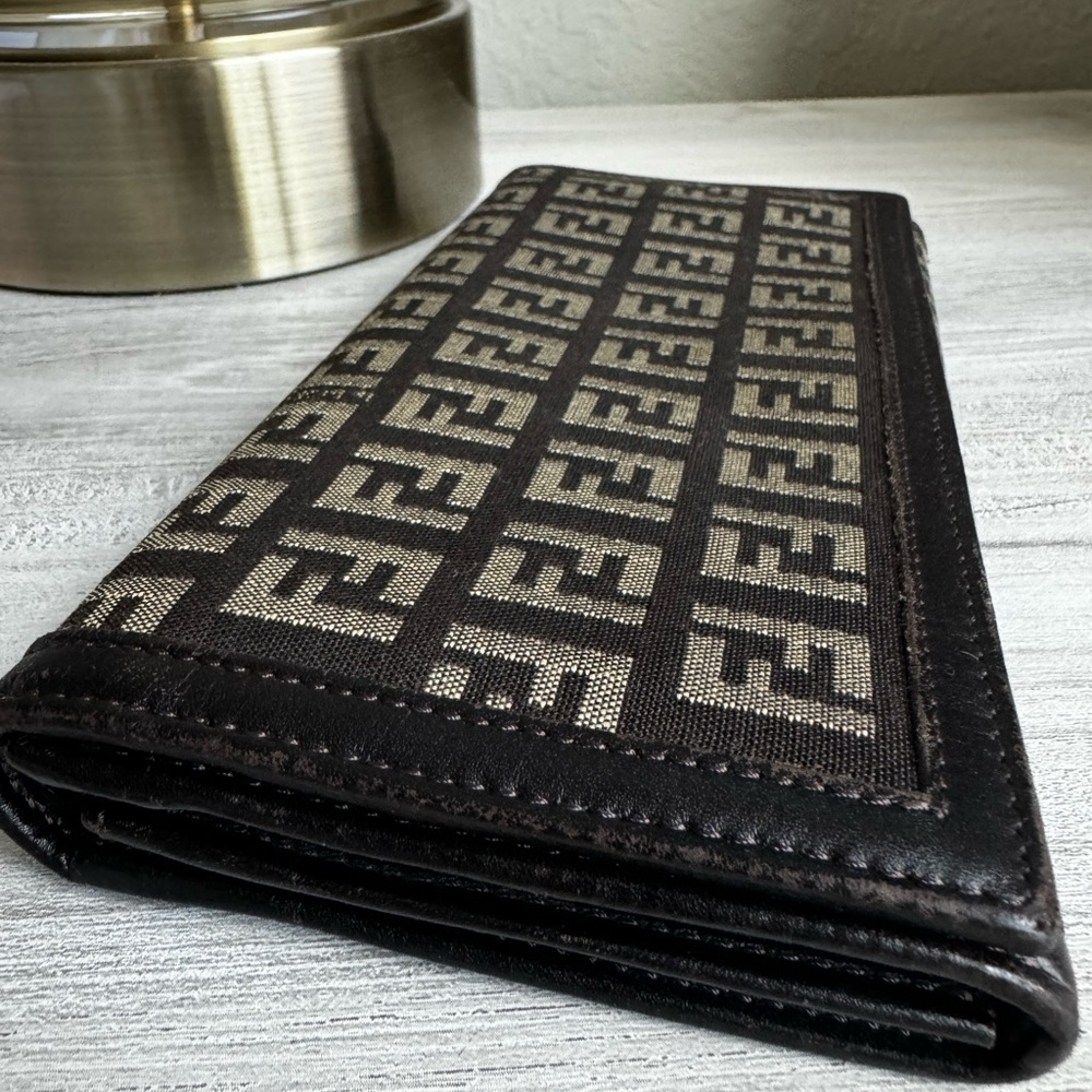 Fendi trifold brown canvas long wallet